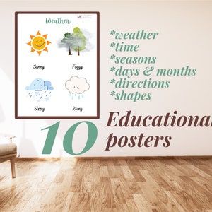 Conjunto de niños educativos - Carteles para niños / Sala de juegos / Gráficos de aula / Clima / Hora / Días y meses / Direcciones / Formas