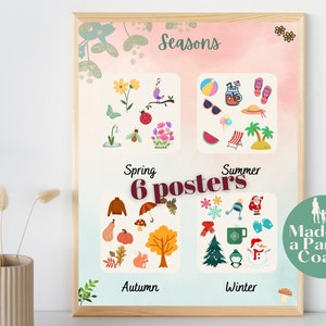Conjunto de carteles preescolares de las cuatro estaciones / Cartel de enseñanza del viaje de aprendizaje / Aprendiendo la impresión de las estaciones / Impresión de carteles Montessori / Gráfico de las estaciones