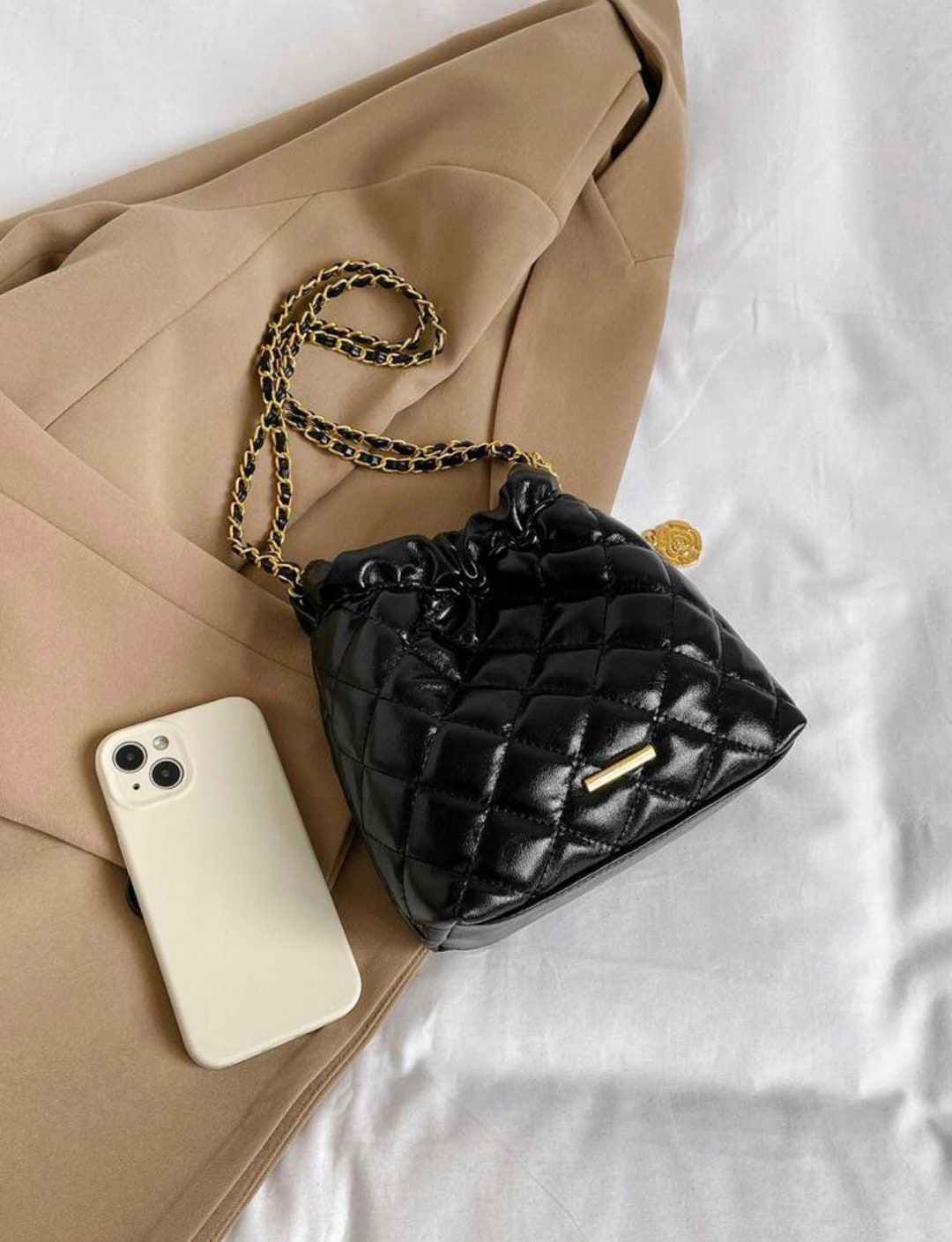 Quilted Gold Metal Bucket Bag Etsy