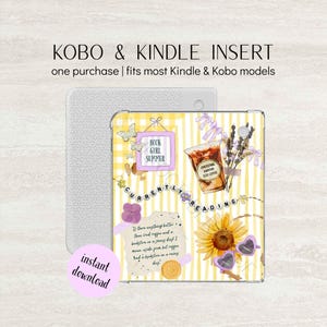 Op de afbeelding: Een Kobo- en Kindle-inzetstuk met een geel-wit gestreepte achtergrond, voorzien van illustraties van een zonnebloem, ijskoffie, lavendel en hartvormige bril. De tekst bevat "BOOK GIRL SUMMER" en "CURRENTLY READING" met een handgeschreven notitie.