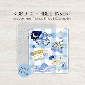 Op de afbeelding: Een Kobo- en Kindle-inzetstuk met een lichtblauw en wit geblokte achtergrond en diverse illustraties, waaronder een halve maan, een hartvormig medaillon, een walvis, een ballerina en de tekst "CURRENTLY READING" en "HELLO I AM just here for the snacks."