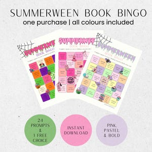 Op de afbeelding: Drie Summerween Book Bingo spelkaarten met een raster van opdrachten en kleurrijke illustraties zoals geesten, pompoenen en schedels. De tekst luidt Summerween Book Bingo, one purchase all colours included, 24 prompts and 1 free choice.