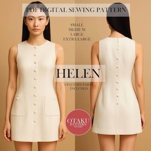 May include: A digital sewing pattern for a cream-coloured sleeveless dress, shown front and back. The dress has button details and pockets. Text on the image includes "PDF DIGITAL SEWING PATTERN", "HELEN", and size options: Small, Medium, Large, Extra Large.