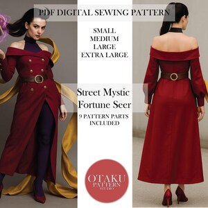 May include: A digital sewing pattern for a Street Mystic Fortune Seer costume. The pattern includes sizes small, medium, large, and extra large. The image shows a burgundy off-the-shoulder coat with a brown belt and gold accents. The text on the image says "PDF DIGITAL SEWING PATTERN".