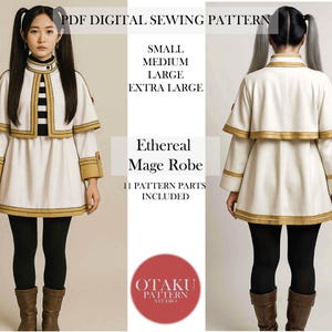 Könnte beinhalten: Ein weißes Ethereal Mage Robe Schnittmuster mit goldenen Verzierungen und schwarzen Akzenten. Das Muster beinhaltet die Größen Small, Medium, Large und Extra Large. Der Text auf dem Bild lautet "PDF DIGITAL SEWING PATTERN" und "11 PATTERN PARTS INCLUDED."