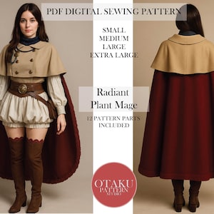 May include: A digital sewing pattern for a Radiant Plant Mage costume. The design includes a tan capelet, a burgundy cape, a cream blouse, and brown shorts. The image also shows brown thigh-high boots and a brown belt. Sizes available are small to extra large.