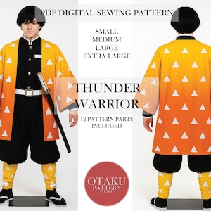 Digitalt sömnadsmönster | Anime-inspirerad åskmantel och uniform | Utskrivbar PDF-kostymdesign med byxor, kimono och manteldetaljer