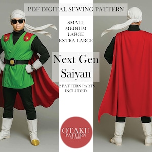 Może przedstawiać: Cyfrowy wzór szycia kostiumu Next Gen Saiyan. Obraz przedstawia przód i tył kostiumu, który obejmuje zieloną tunikę, czerwone pelerynę, czarne spodnie, białe buty i opaskę na głowę. Tekst na obrazie mówi "PDF Digital Sewing Pattern".