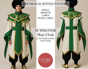 May include: A digital sewing pattern for a Summoner Mage Cloak. The costume features a white and green robe with gold accents, a matching belt, and a black hat. The text on the image reads "PDF DIGITAL SEWING PATTERN".