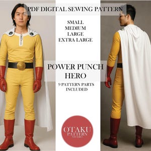 May include: A yellow and red superhero costume with a white cape. The costume includes a long-sleeved shirt, trousers, gloves, and boots. The image text reads "PDF DIGITAL SEWING PATTERN" and "POWER PUNCH HERO".
