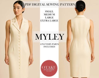 Puede incluir: Un vestido sin mangas color crema con cuello y botones en la parte delantera se muestra desde el frente y la espalda. Se muestra el texto "MYLEY", junto con "PDF DIGITAL SEWING PATTERN" y opciones de tamaño. El logotipo de Otaku Pattern Studio es visible.