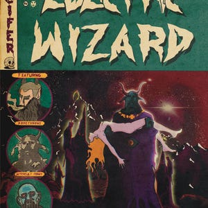 May include: A comic book cover with a green background and the title "ELECTRIC WIZARD" in yellow letters. The cover features a dark-skinned demon holding a woman in a white dress. The comic book is titled "INCREDIBLE STONER-DOOM METAL!" and features the text "NO. 666 1993" in the top left corner.