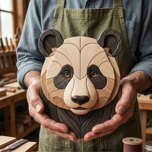 Könnte beinhalten: Ein handgefertigtes Wandkunstobjekt aus Holz in Form eines Pandakopfes, zusammengesetzt aus hellen und dunklen Holzsegmenten. Das Design zeigt glatte, ineinandergreifende Teile mit sichtbarer Holzmaserung, dunklen Augenpartien, runden Ohren und bernsteinfarbenen Augen.