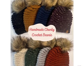 Handmade Chunky Crochet Beanie | Cozy Warm Hats | Hat with Fur Pompom | Gifts for Her | Gifts for Him | PNW Beanie | Colorful Hats | Winter