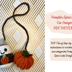 May include: Crochet pattern for a pumpkin spice latte and pumpkin car hanger. The pattern includes step-by-step instructions to crochet your own amigurumi pumpkin spice latte dangle. PDF pattern by Izzy Crafts.