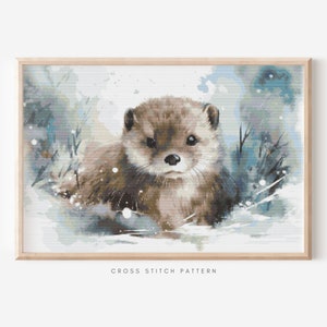 Otter Cross Stitch Pattern, Modern Animal Counted Crossstitch, Cute Embroidery PDF, Winter Christmas Pattern, Sea Otter Lover Gift 01