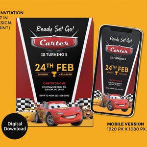 Digital Cars Birthday Party Invite Red Cars Lightning Birthday Invite McQueen Birthday Party Invitation for Boy 5th Birthday Party Invite