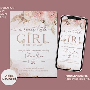 Bewerkbare digitale meisje roze bloemen Boho meisje babyshower uitnodiging meisje Boho douche uitnodiging afdrukbare sjabloon meisje babyshower uitnodiging