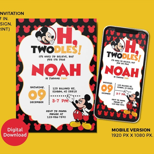 Boy Birthday Invite 2nd Birthday Invitation Boy Birthday Theme Boy Birthday Party Digital Mickey Mouse Theme Birthday Party Invite for Boy