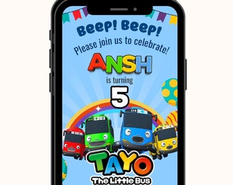 Può includere: Lo schermo di un telefono cellulare che mostra un invito di compleanno per un bambino di nome Ansh che compie 5 anni. L'invito presenta un'illustrazione colorata dei personaggi dei cartoni animati Tayo il piccolo autobus e un arcobaleno. L'invito include la data, l'ora e il luogo della festa.