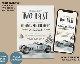 TWO Fast Birthday Invite Race Car Party 2nd Birthday Invite Two Fast 2 Curious Racing Car Vintage Racecar Birthday Party Invitation Template