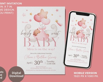 Mall för babyshowerinbjudan till rosa nallebjörn (digital)
