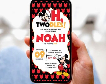 Digital Mickey Birthday Party Invite for Boy Red and Black Birthday Invitation Boy Birthday Mickey Theme Party 2nd Birthday Invite for boy