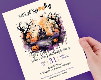 May include: Halloween party invitation with watercolor art. The invitation features a spooky scene with pumpkins, trees, and a haunted house. The text reads "Let's get spooky" and includes party details.