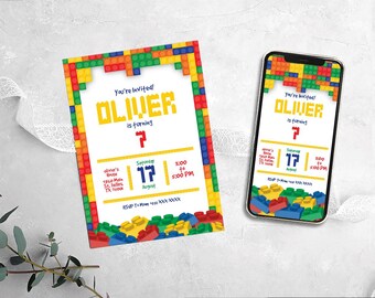 Building Block Birthday Invite Template, Bricks Party (Digital Download)
