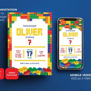 Building Blocks Birthday Invitation Building Bricks Kids Birthday Party Invite Boy Building Block Party Building Bricks Birthday Invite Boy