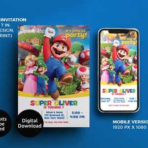 Super Mario Geburtstagsfeier einladen, bearbeitbare Super Mario Bros Geburtstagseinladung, Digital Mario und Luigi einladen, Super Brothers Boy einladen