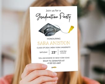 May include: Graduation party invitation for Sara Aniston, Class of 2024, New York University. The invitation features a black graduation cap with a gold tassel and the text "Join us for a Graduation Party".