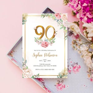 90e verjaardagsuitnodiging, elegante uitnodiging en digitale verjaardagsuitnodiging, Look Who's Ninety Birthday Celebration, bloemenkaart feestuitnodiging