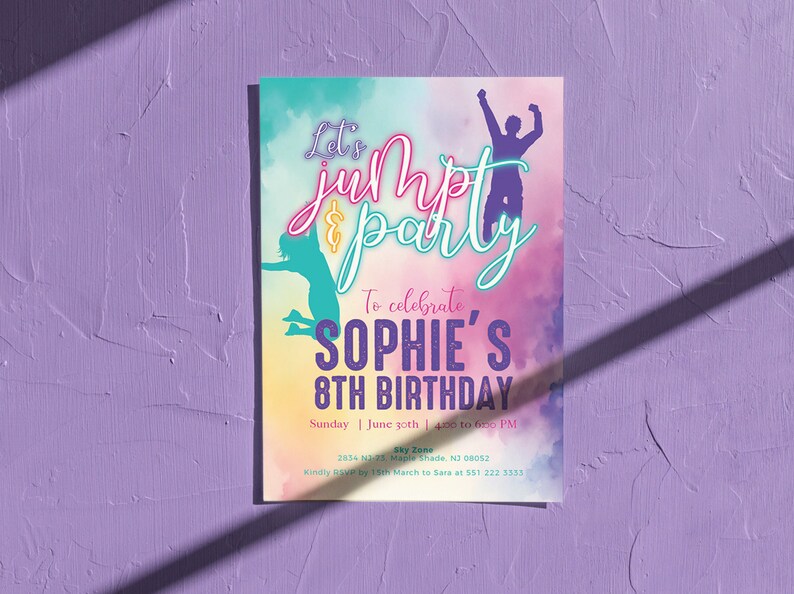 May include: A colorful invitation for a child's birthday party. The invitation features a watercolor background with a silhouette of two people jumping. The text reads "Let's jump & party" and "To celebrate Sophie's 8th Birthday".
