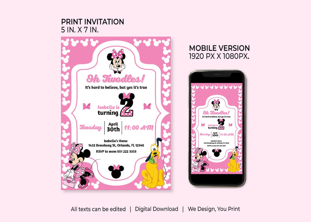 Pink Minnie Mouse Birthday Invitation, Editable Party Invite (digital ...
