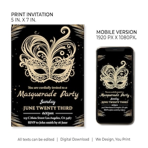 Masquerade Party Invitation | Masquerade Invitation Template | Gold and Black Adult birthday | Gold Masquerade | Black Gold