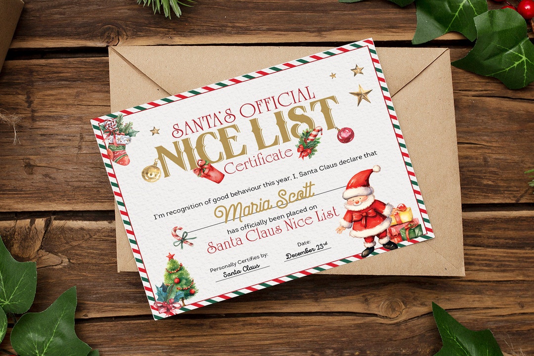 Santa Nice List Certificate North Pole Santa Claus Nice List Letter ...