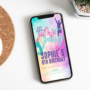 May include: A colorful digital invitation for a birthday party with the text "Let's jump & party" and "To celebrate Sophie's 8th Birthday". The invitation includes the date and time of the party, the location, and a phone number to RSVP.