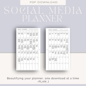 May include: A digital social media planner with a minimalist design. The planner features a calendar layout with spaces for daily planning. The text "SOCIAL MEDIA PLANNER" is displayed at the top. The bottom of the image reads "Beautifying your planner, one download at a time - PLAN J."