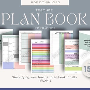 May include: A digital PDF teacher plan book for 2026-2027 featuring multiple page layouts including monthly calendars, attendance trackers, and information sheets. The design uses soft pastel colors and includes a quote about teaching.