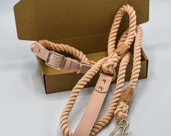 Cream Dog Collar Leash Set |  Soft dog collar and leash |Beige Brown Rope Dog Collar | Beige Dog Accessories | Rope Dog Leash and Collar Set
