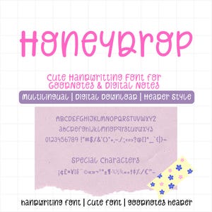 Puede incluir: Gráfico de descarga digital con la palabra "Honeyprop" en rosa, con letras manuscritas. Debajo, el texto dice "Cute Handwriting Font for GoodNotes & Digital Notes". Incluye una muestra de fuente con caracteres especiales.