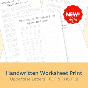 May include: A printable worksheet for practicing writing uppercase letters. The worksheet features the alphabet from A to H, with five lines for each letter. The worksheet is titled "Handwritten Worksheet Print Uppercase Letters | PDF & PNG File".