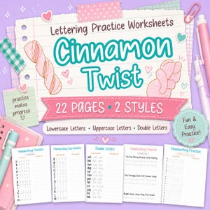 May include: Lettering practice worksheets titled Cinnamon Twist with 22 pages and 2 styles. The page features illustrations of pink pastries, hearts, and pens. Below are five sample sheets showing lowercase, uppercase, and double letter exercises.