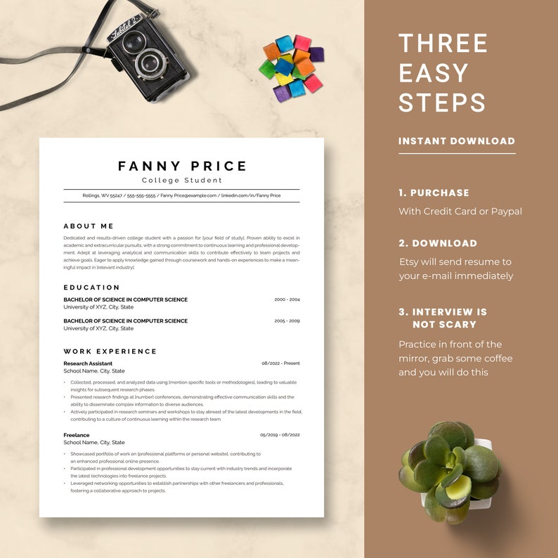May include: A resume template for a college student with a modern design. The resume is titled "Fanny Price, College Student". The resume includes sections for "About Me", "Education", "Work Experience", and "Freelance".