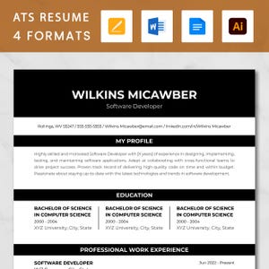Könnte beinhalten: Eine schwarz-weiße Lebenslaufvorlage mit dem Namen Wilkins Micawber und dem Titel Software Developer. Der Lebenslauf enthält Kontaktinformationen, einen Profilbereich, einen Bildungsbereich und einen Bereich für Berufserfahrung.