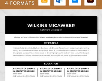 ATS Friendly Software Developer Resume Template Word, Web Developer Resume Google Docs, Tech Resume Template, Programmer IT Resume