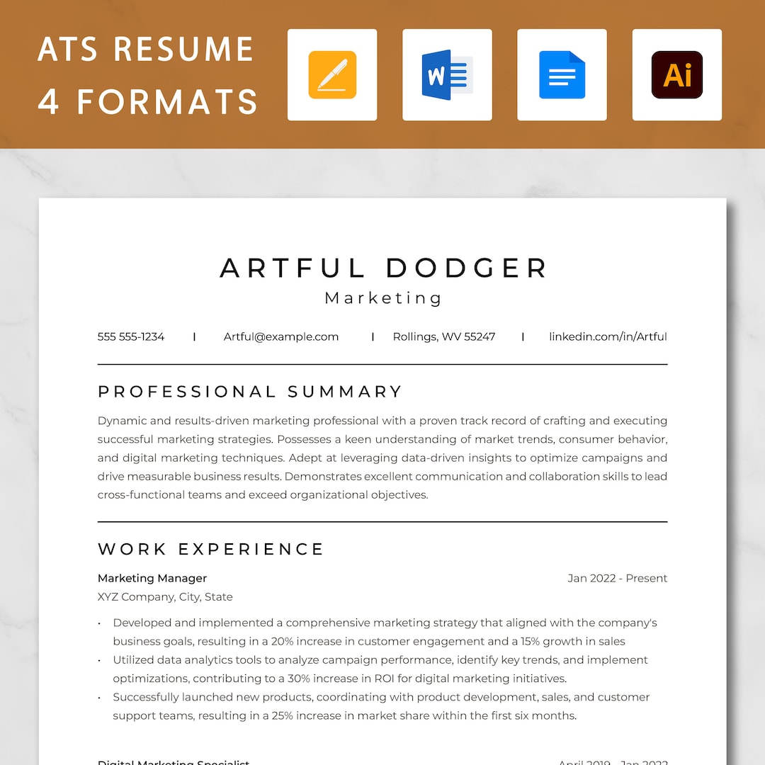 Clean ATS Friendly Marketing Resume Template, Professional Resume ...