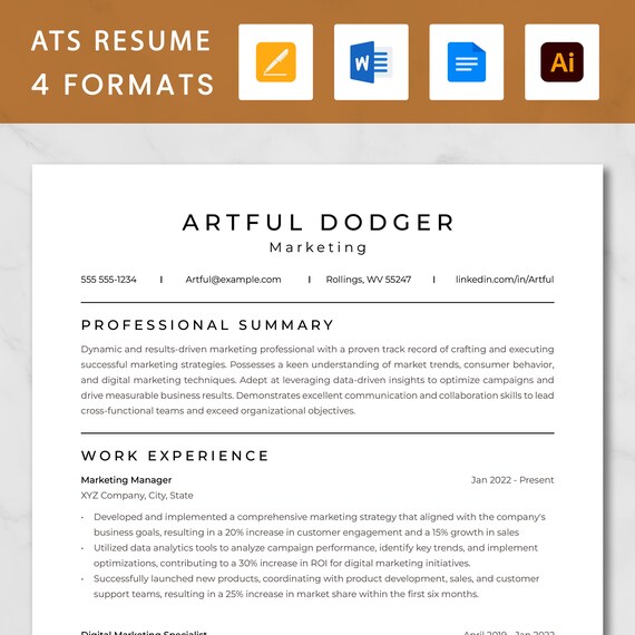 Clean ATS Friendly Marketing Resume Template, Professional Resume