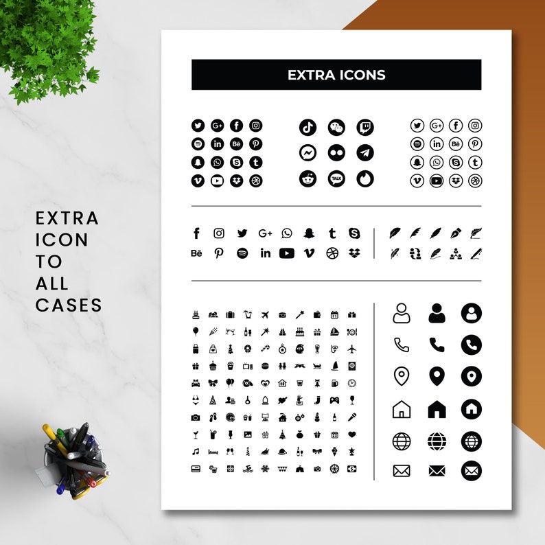 K&ouml;nnte beinhalten: Ein schwarzes und wei&szlig;es Blatt Papier mit einem Raster aus schwarzen Symbolen. Die Symbole umfassen Social-Media-Logos, Pfeile, Formen und andere Symbole. Der Text "EXTRA ICONS" befindet sich oben auf der Seite.
